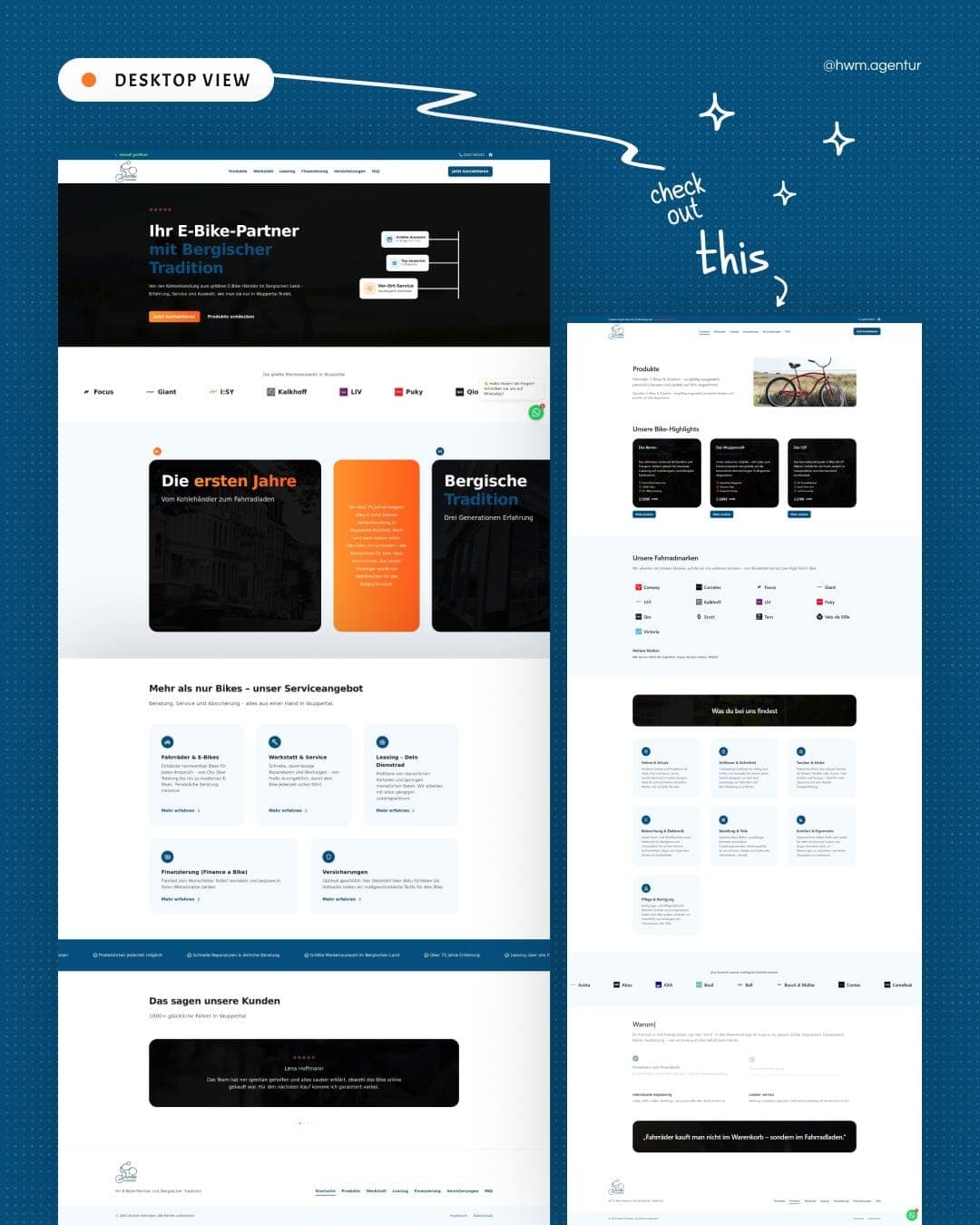 Two views of the website on desktop: home page with services and reviews, and the product page next to it