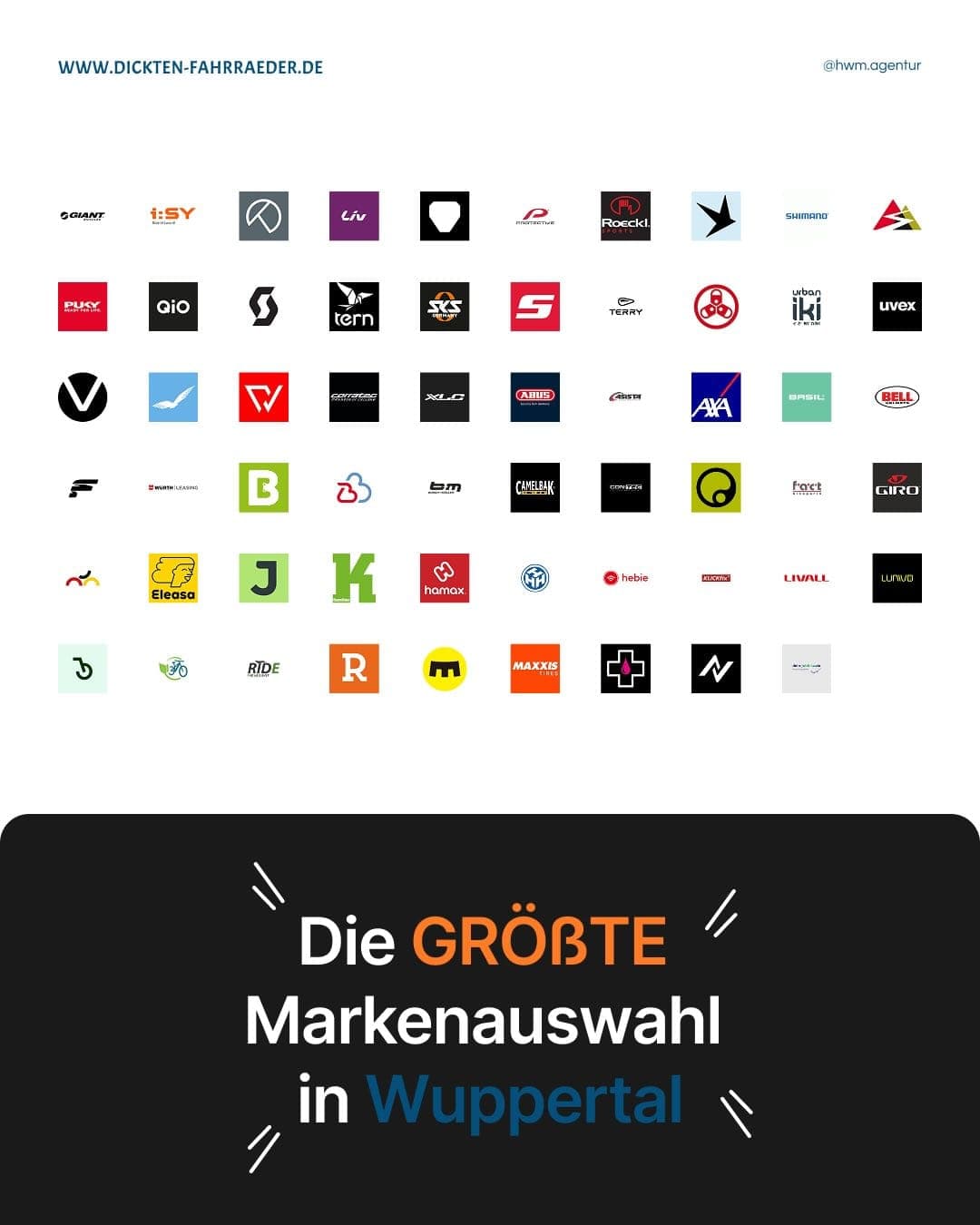 The website's brand overview: more than fifty logos of bicycle and accessory brands