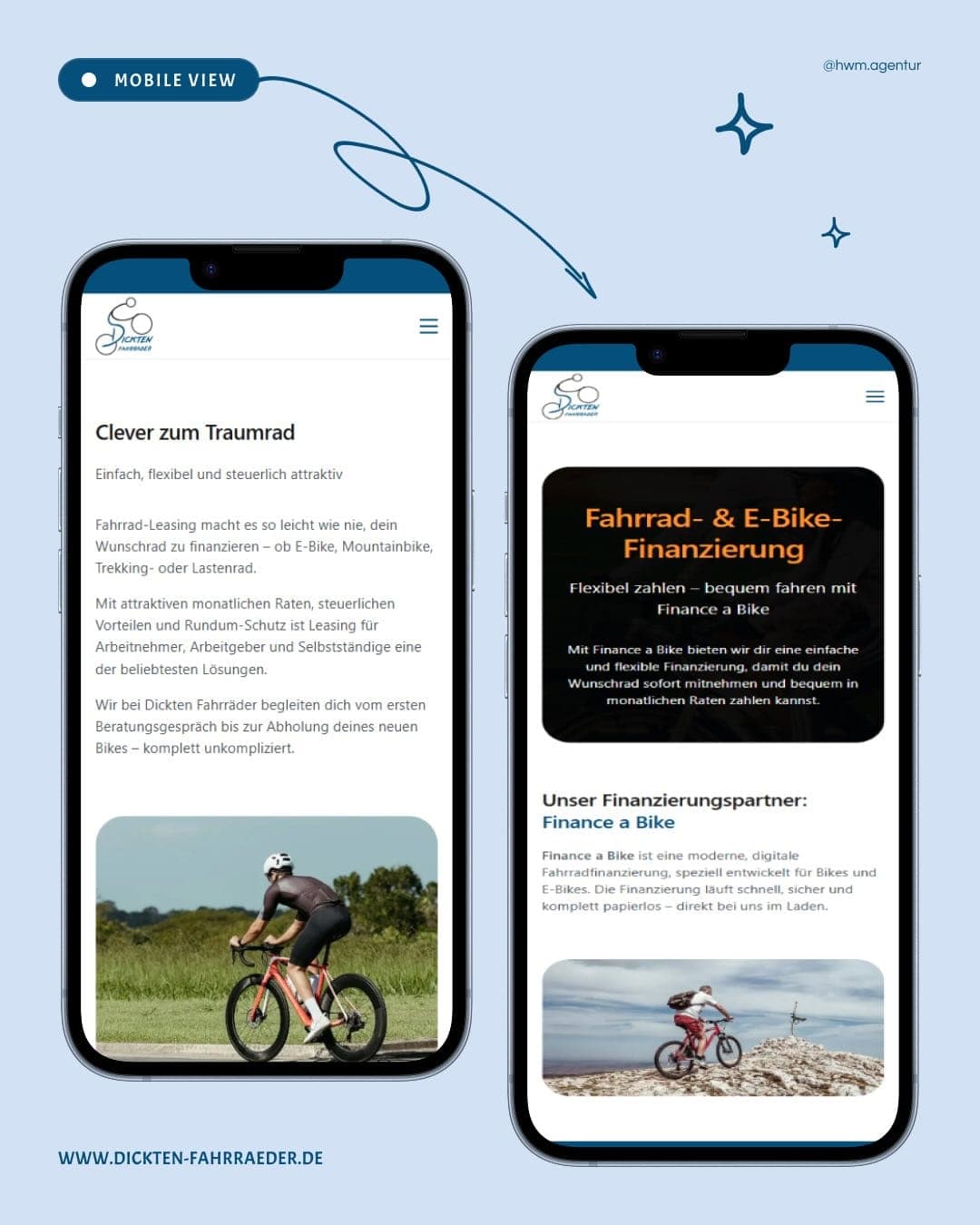 The website on two smartphones: the leasing page and bicycle financing
