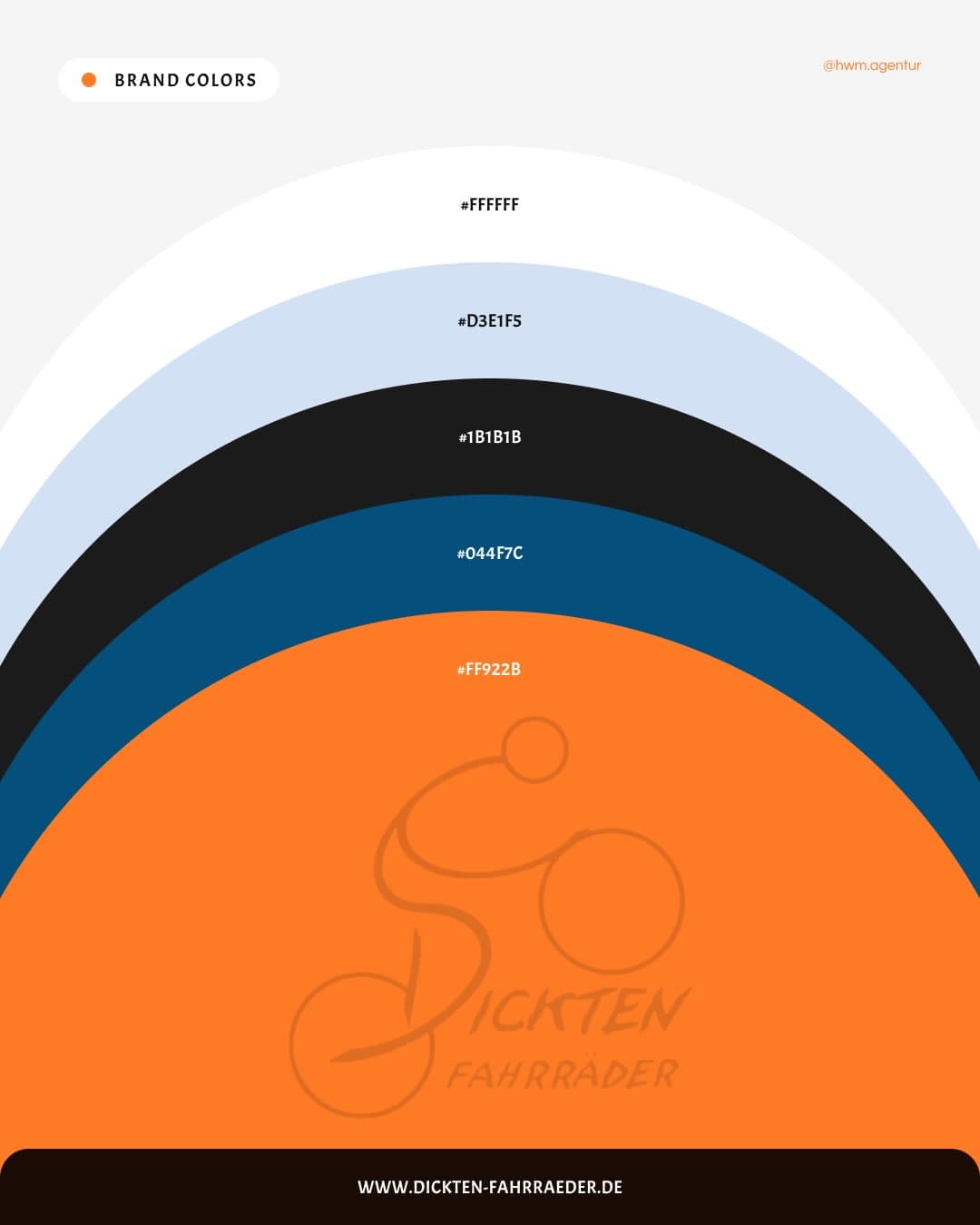 The brand colours: white, light blue, black, dark blue and orange with hex values