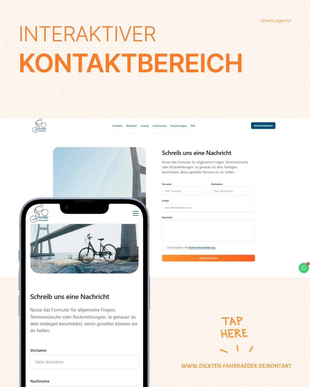 The contact section on desktop and smartphone with the “Schreib uns eine Nachricht” form