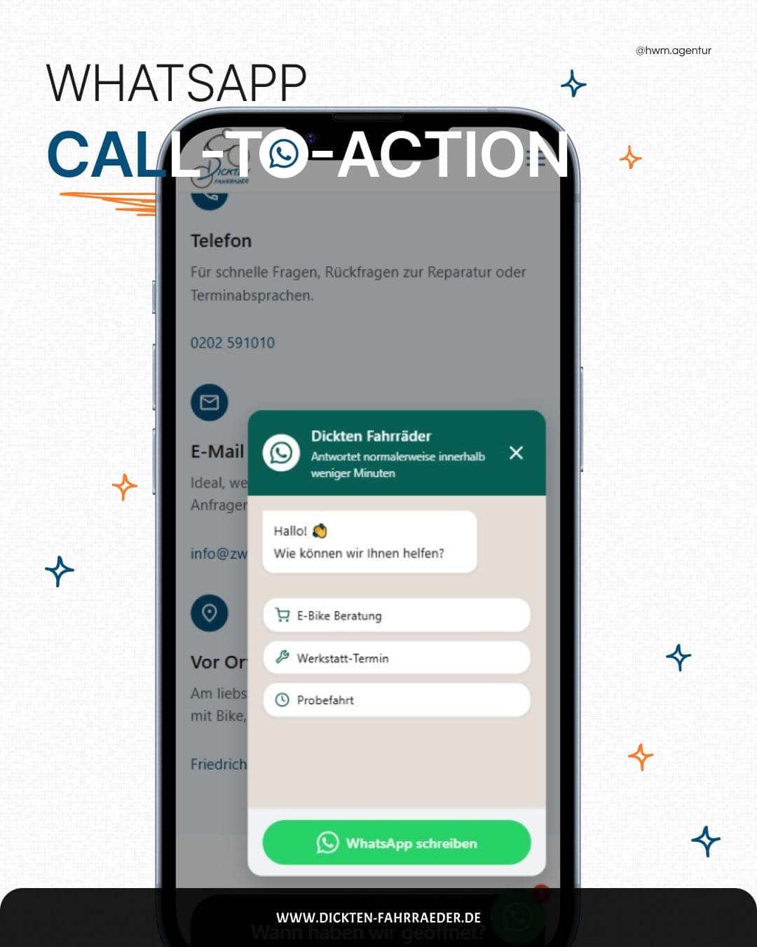 The WhatsApp section on a smartphone with the requests e-bike advice, workshop appointment and test ride