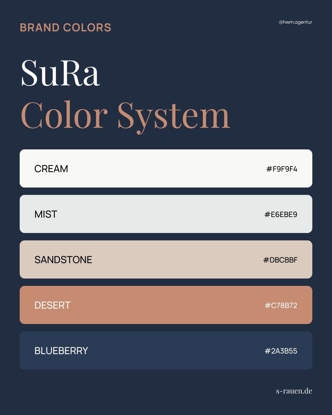 The brand colour system: Cream, Mist, Sandstone, Desert and Blueberry with hex values