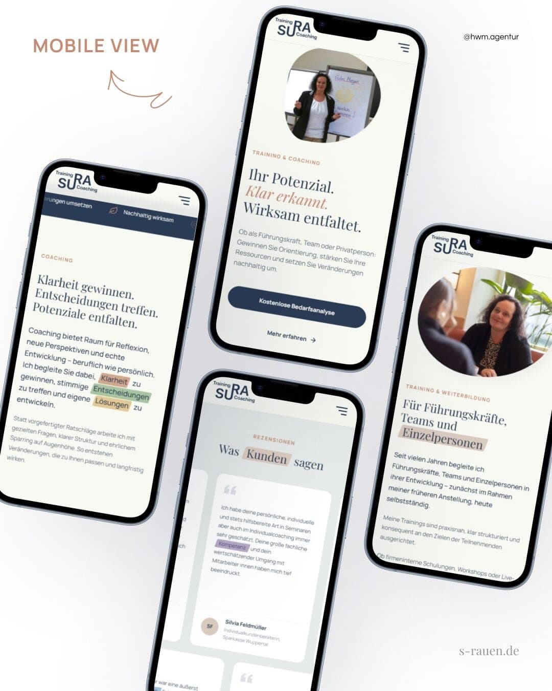 The website on four smartphones with home page, coaching, testimonials and training