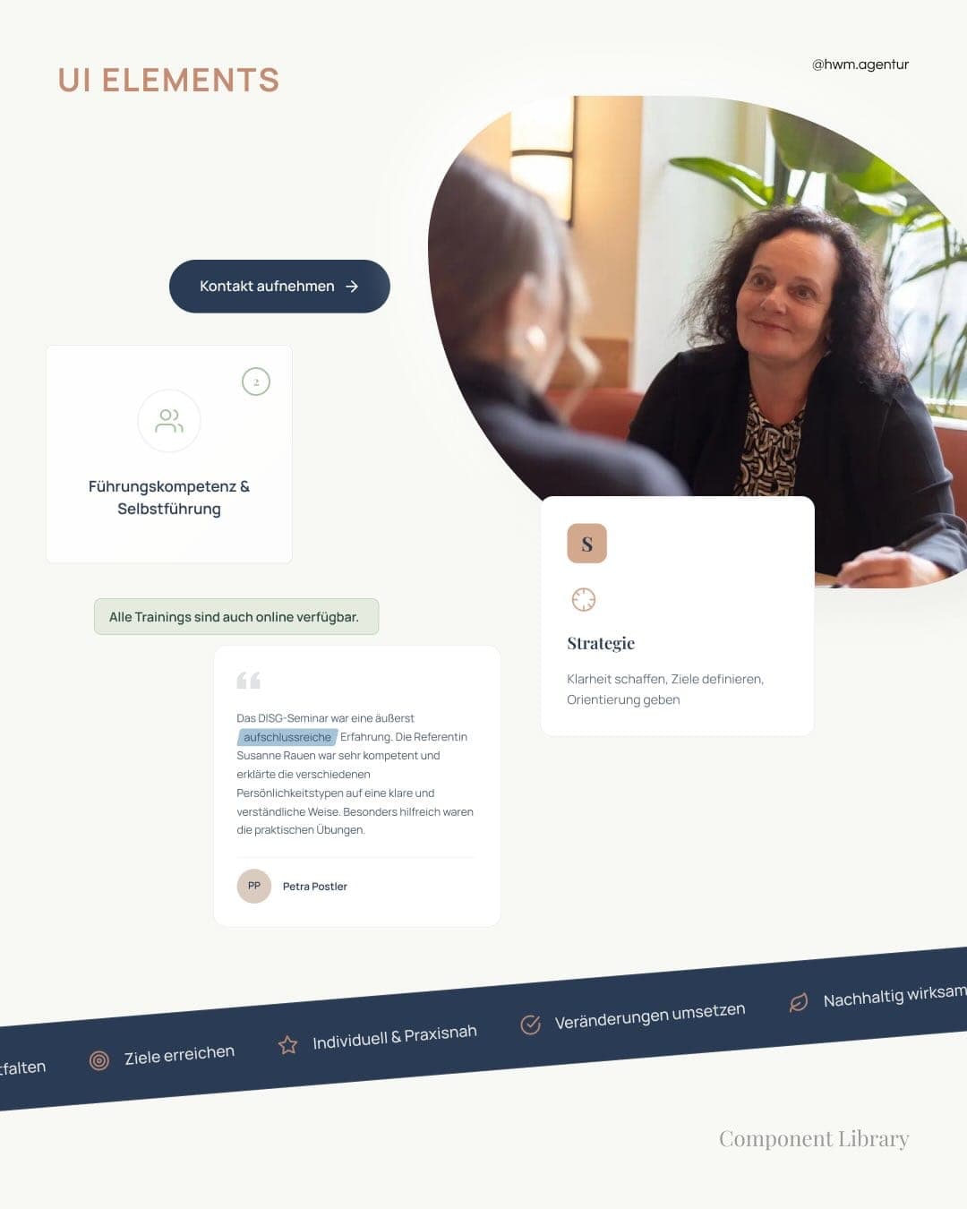 UI elements of the website: buttons, cards, a testimonial, a portrait of Susanne and the running ticker