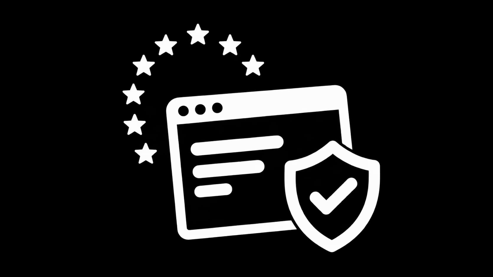White illustration of a website window with a protective shield, check mark and European stars