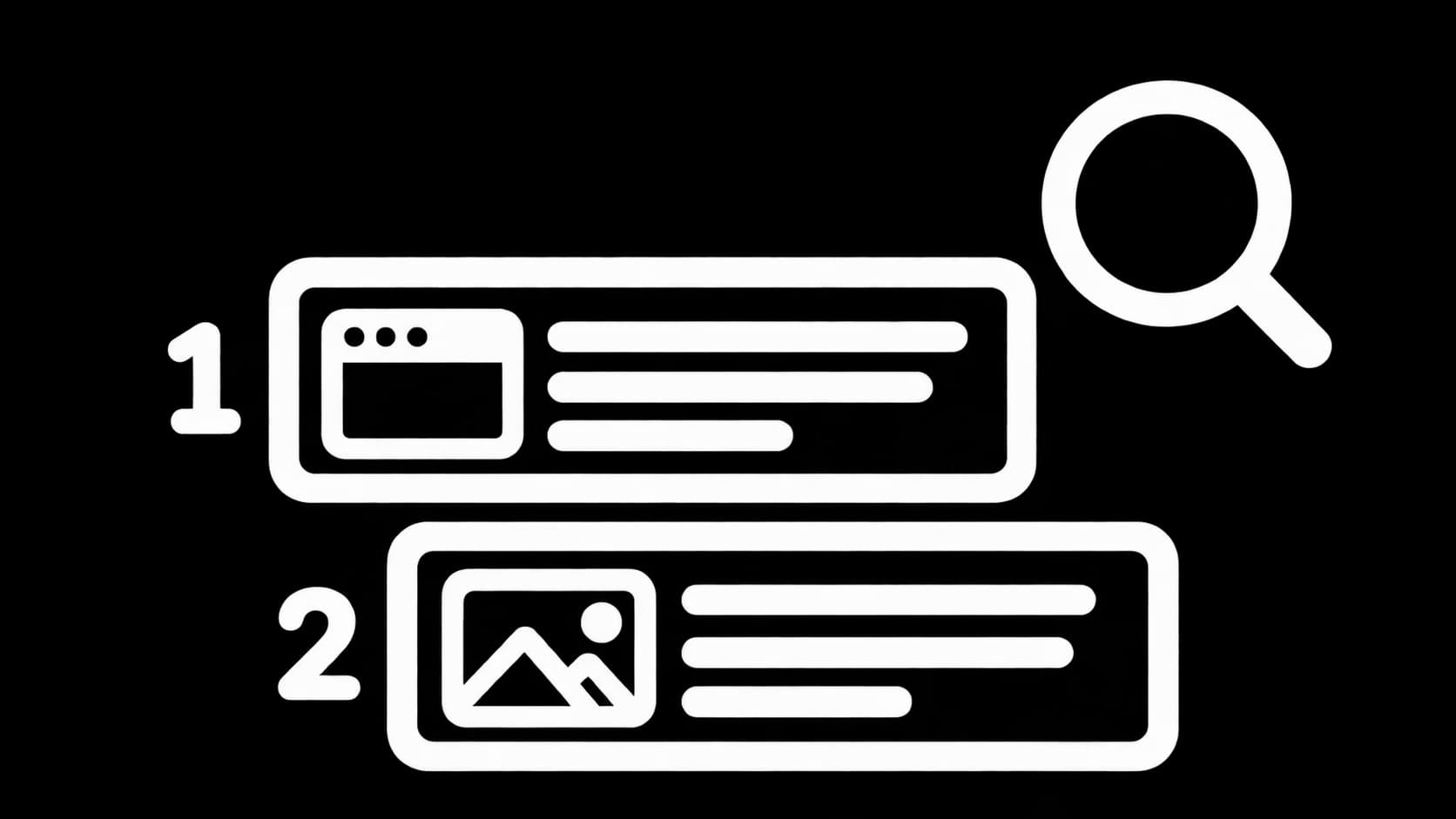 White illustration of two search results: a simple website in first place ahead of a more elaborately designed one, next to a magnifying glass