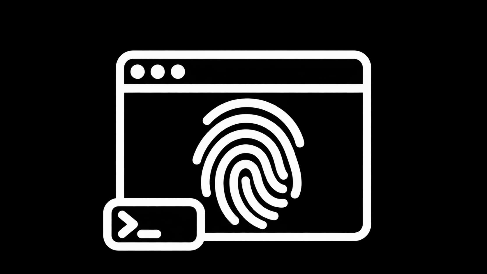 White illustration of a website window with a fingerprint and a prompt input as a symbol of individual identity