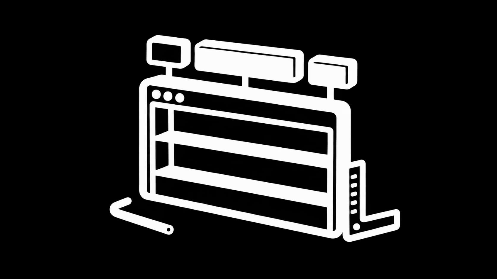 White illustration of a website frame as a shelf with components, an Allen key and a try square