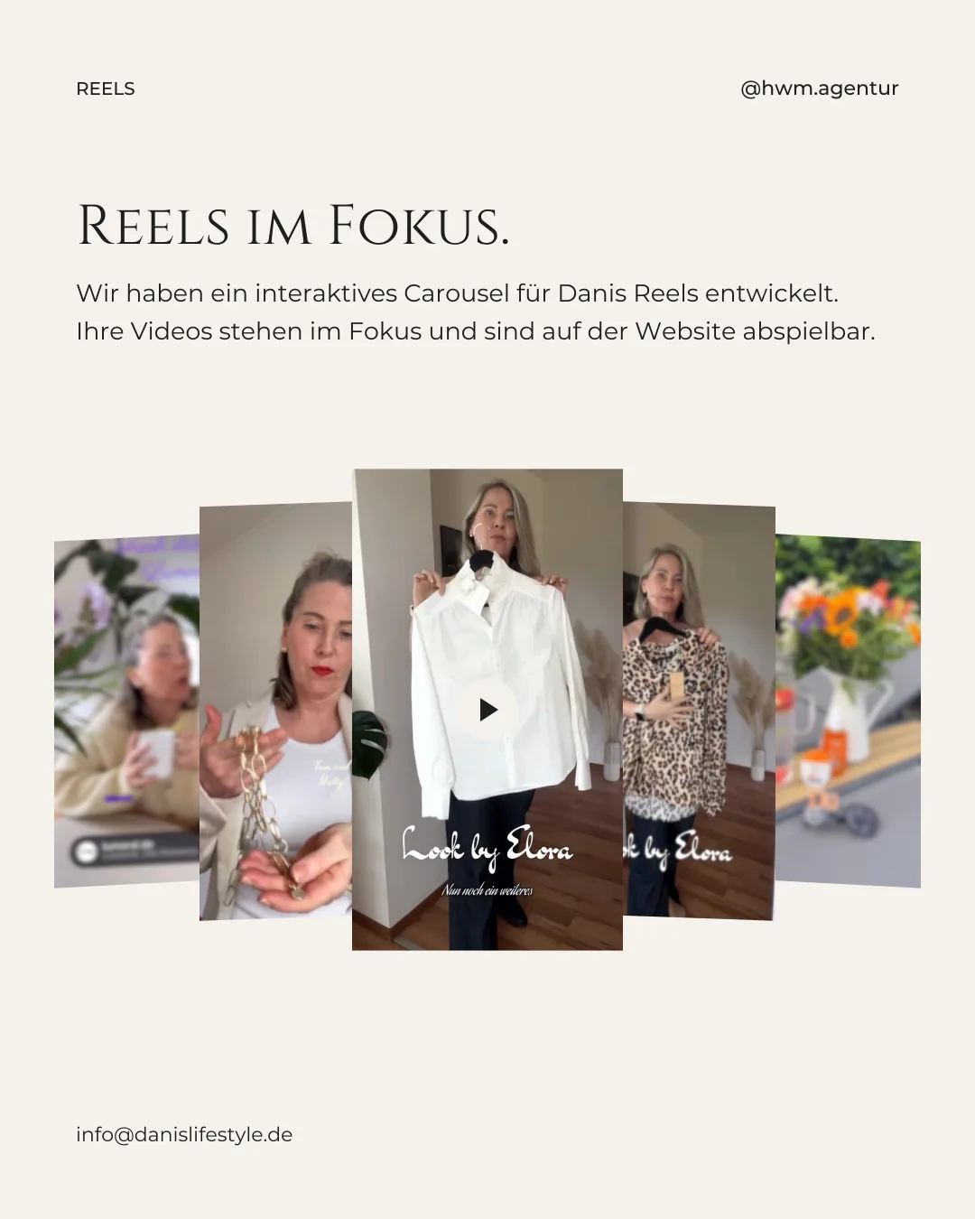 The website's reels carousel with playable videos