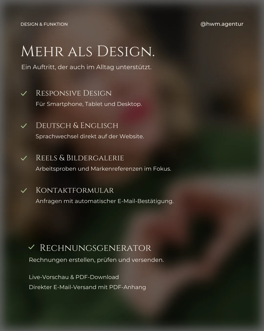 Overview of design and features: responsive layout, two languages, reels, gallery, contact form and invoice generator