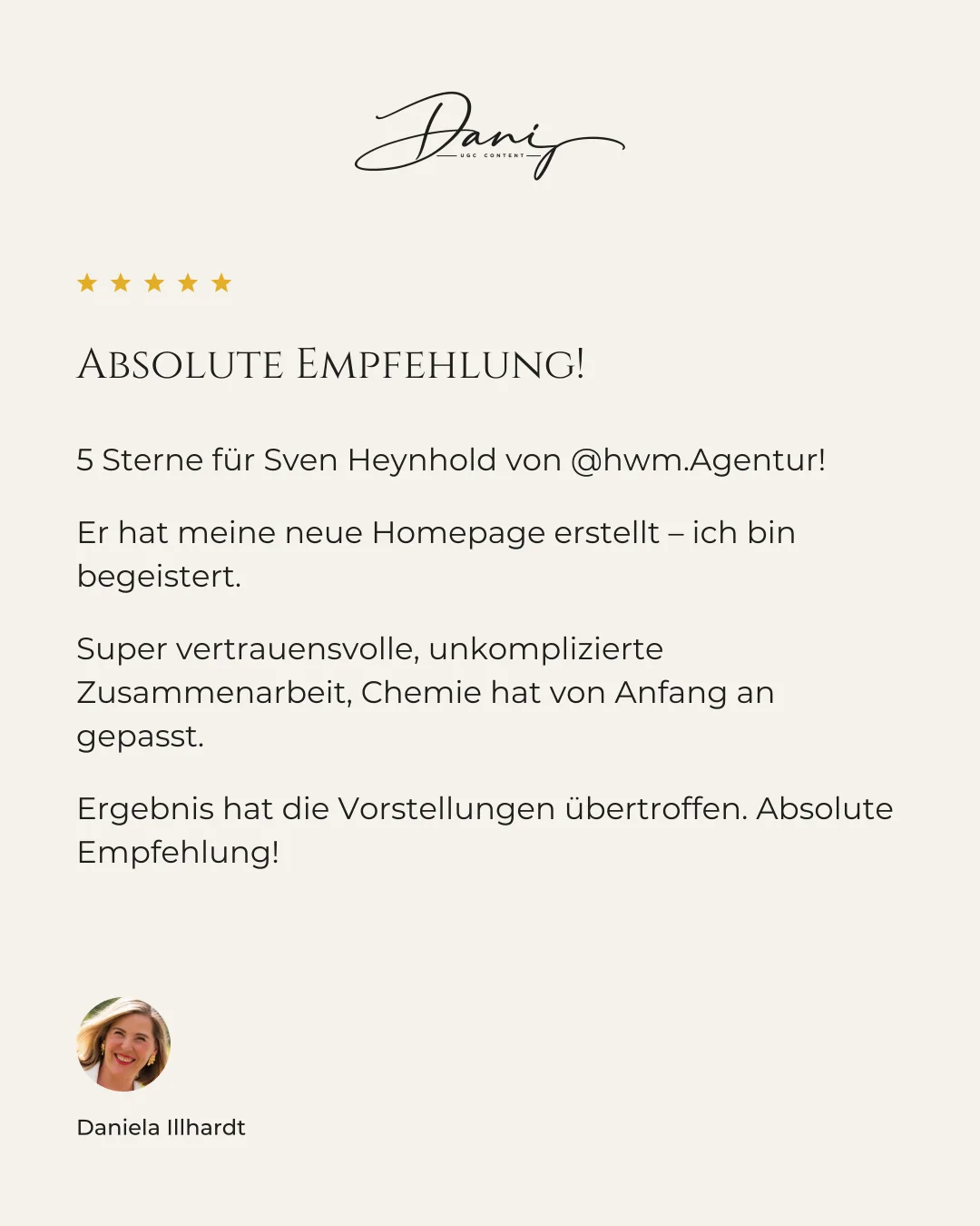 Five-star review by Daniela Illhardt with the heading “Absolute Empfehlung!”