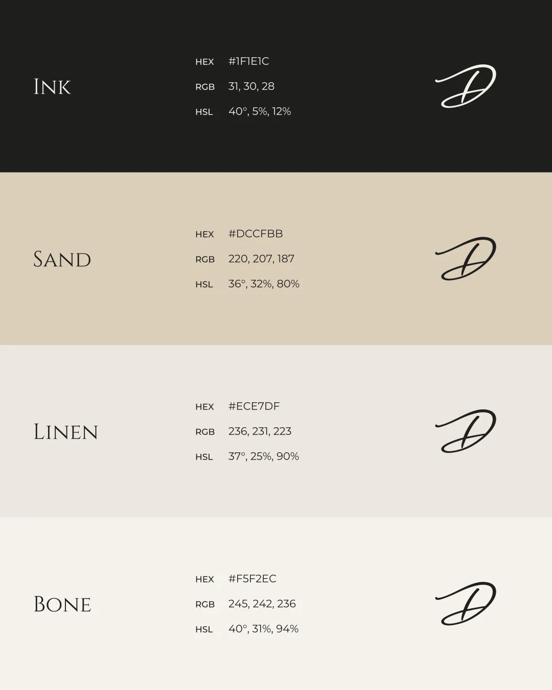 The brand colour palette: Ink, Sand, Linen and Bone with hex, RGB and HSL values