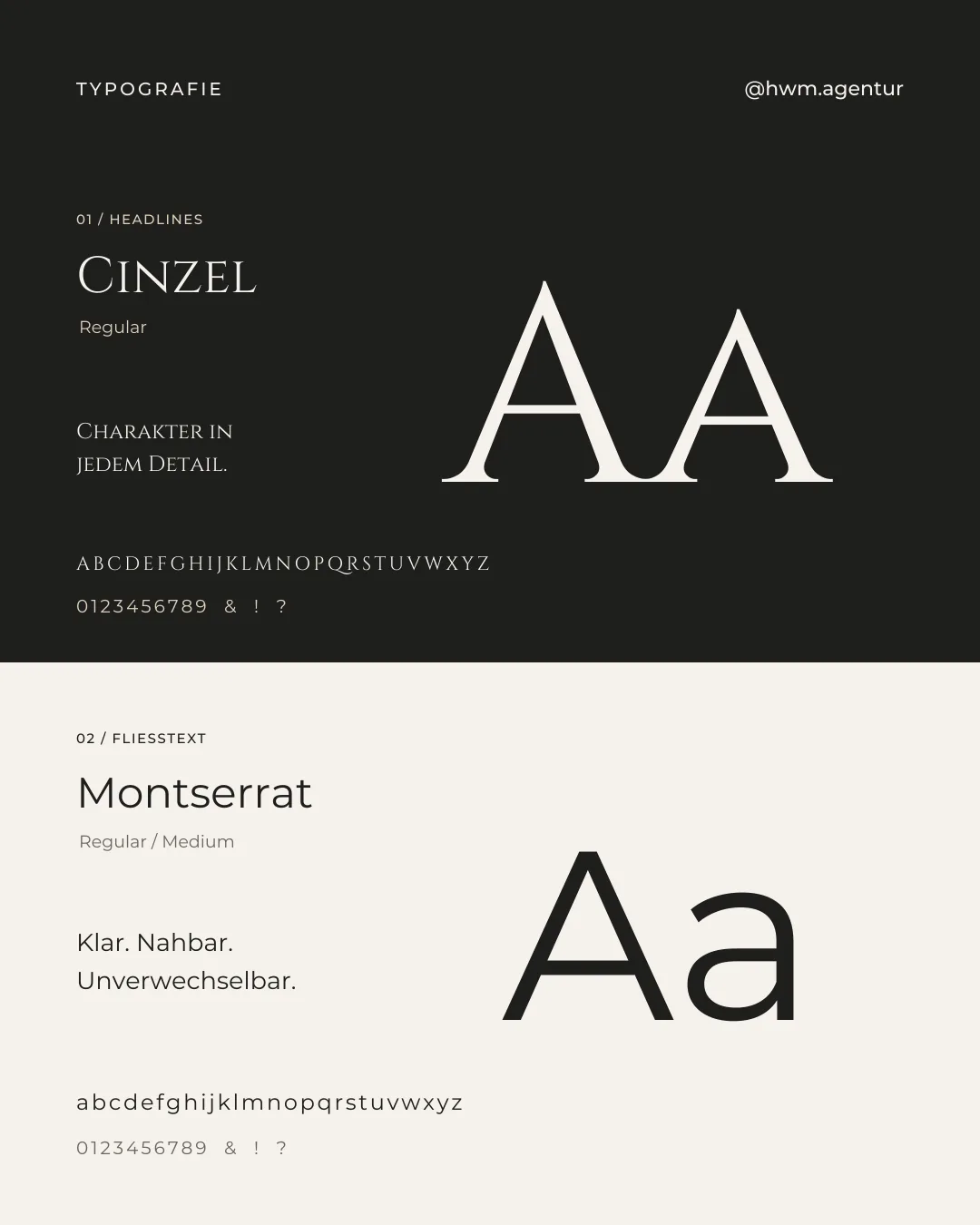 The brand typography: Cinzel for headings, Montserrat for body text