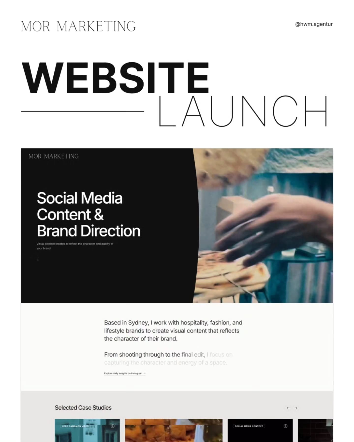 The mor-marketing.com home page with the headline “Social Media Content & Brand Direction”