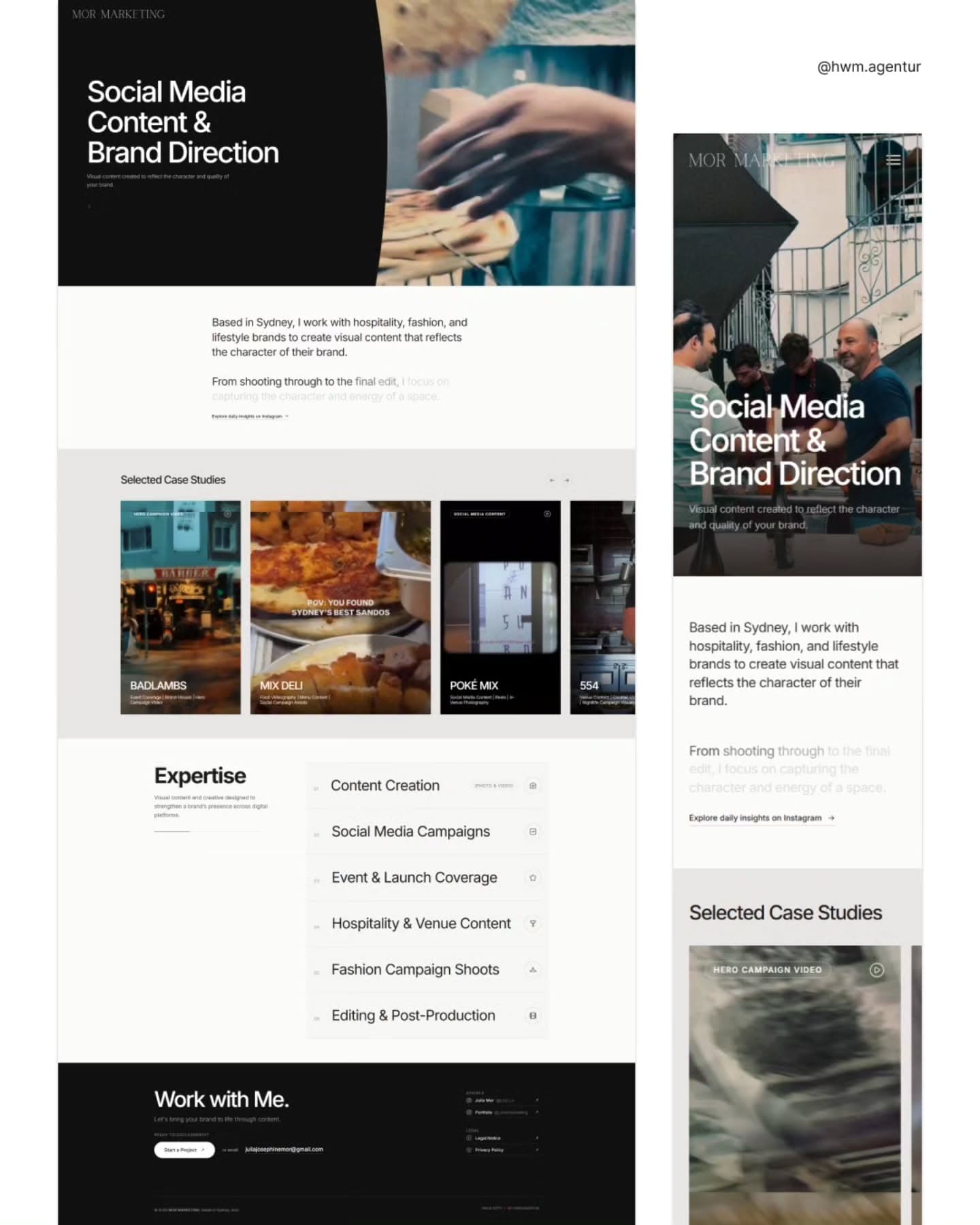 The website on desktop and smartphone: home page, case studies, services and the “Work with Me.” section