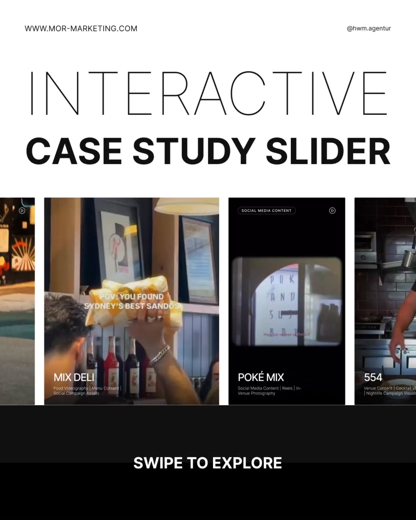 The interactive case study slider with the projects Mix Deli, Poké Mix and 554
