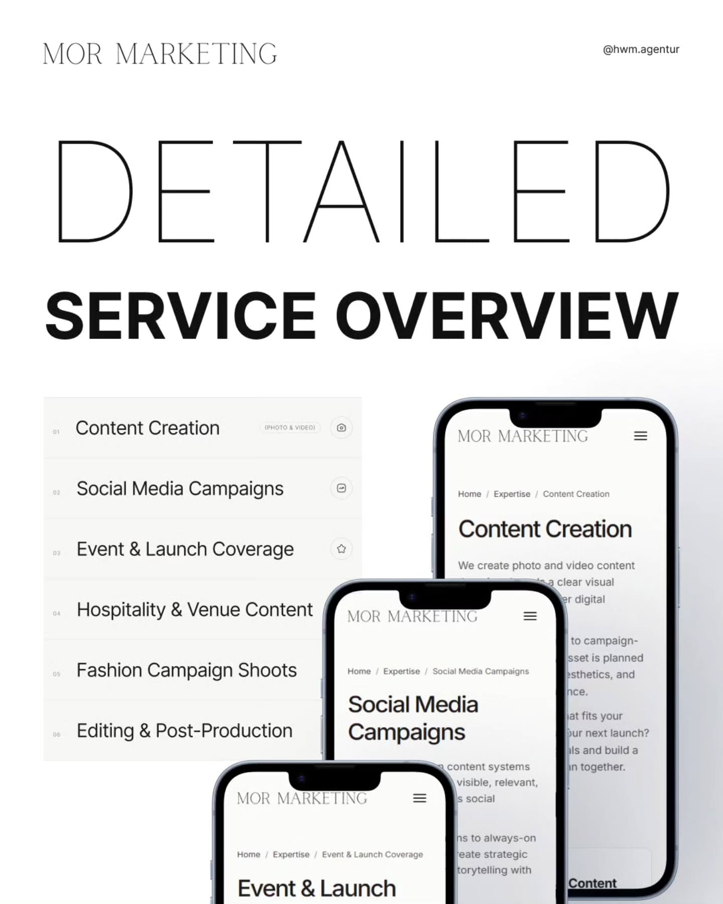 The service overview with six services and the related pages on three smartphones