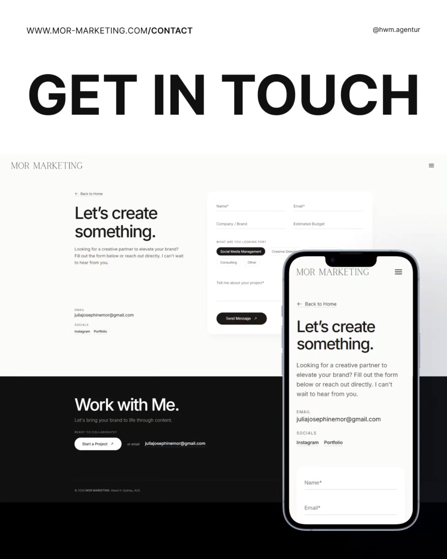 The “Let’s create something.” contact page with enquiry form on desktop and smartphone