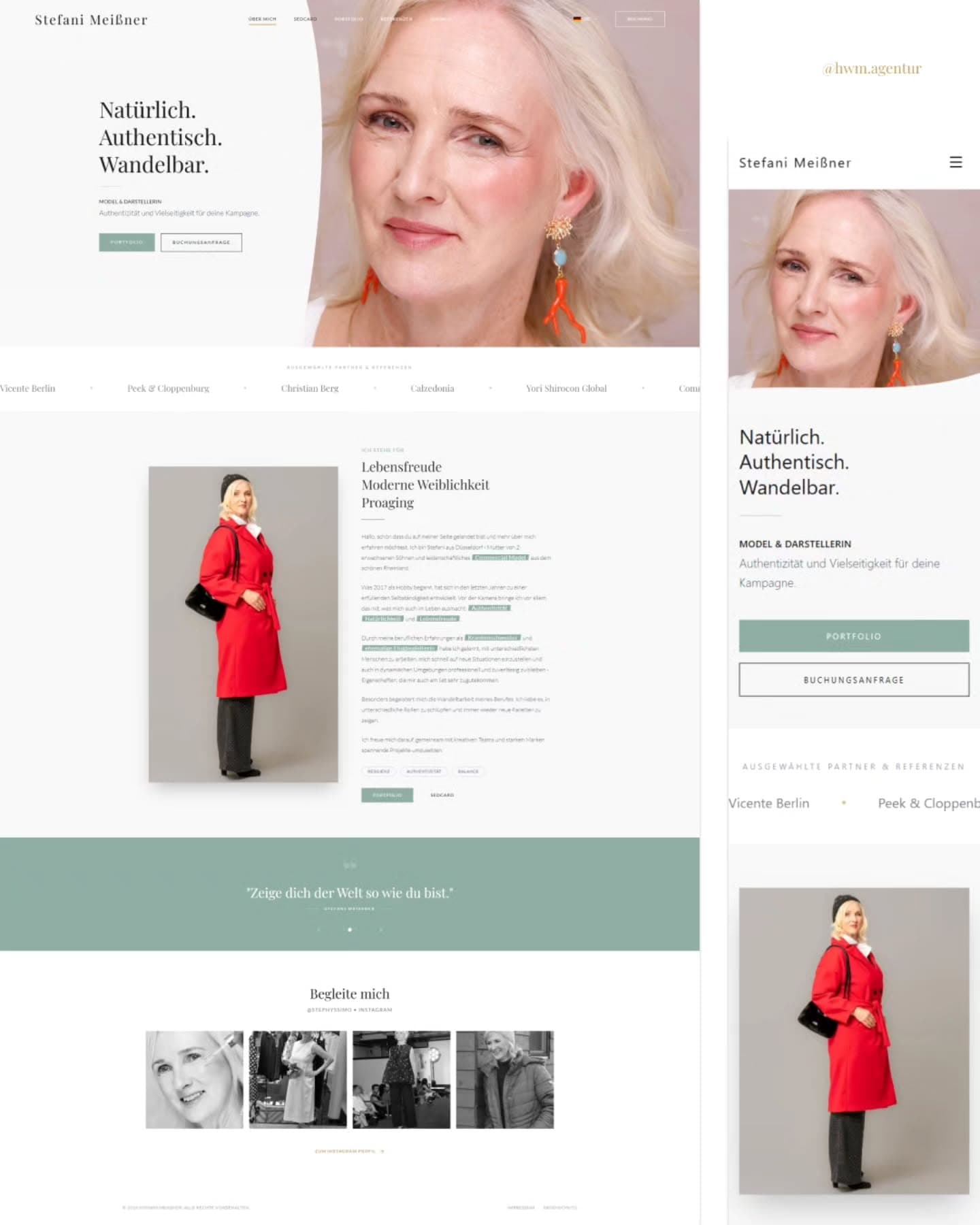 The website on desktop and smartphone: home page, references, about-me section and Instagram embed