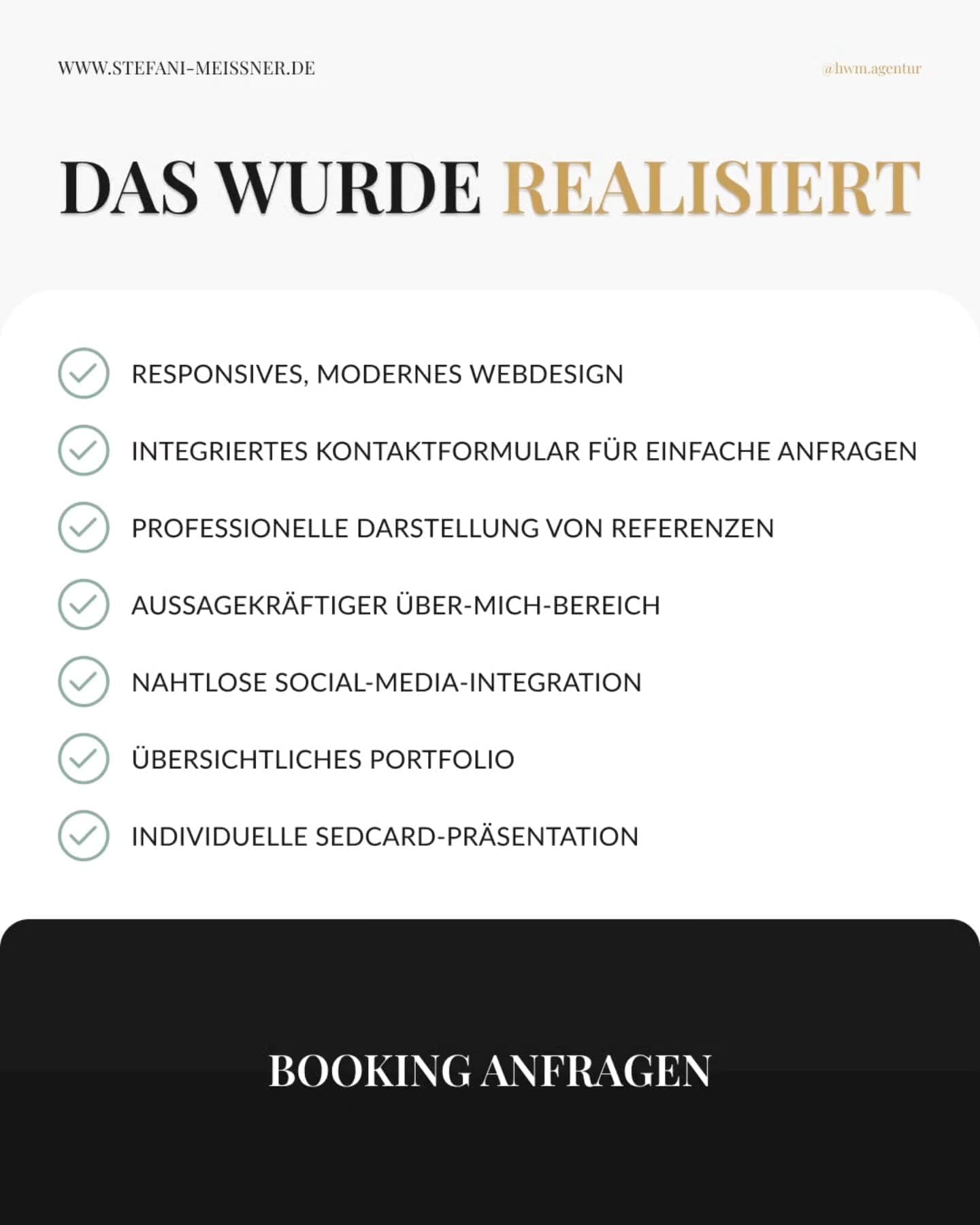 What was delivered: responsive web design, contact form, references, about-me section, social media integration, portfolio and comp card