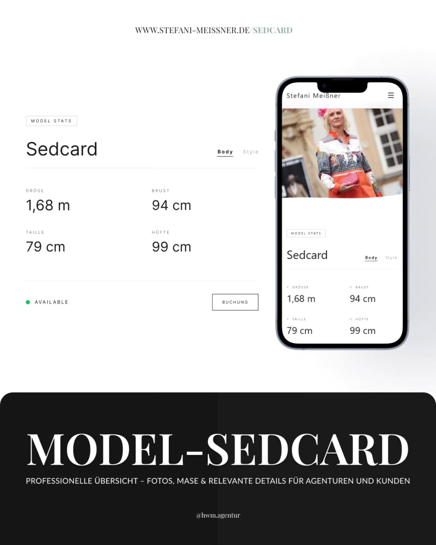 The digital comp card with measurements and availability on desktop and smartphone