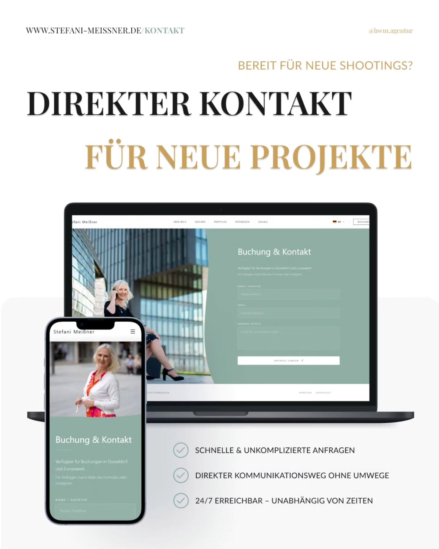 The “Buchung & Kontakt” page with enquiry form on a laptop and a smartphone
