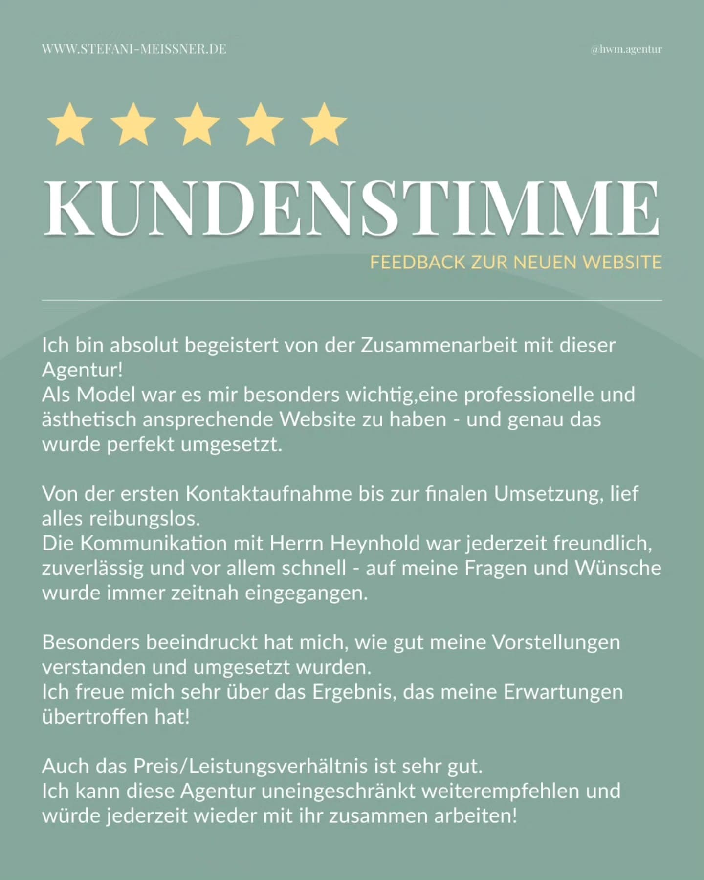 Five-star testimonial from Stefani Meißner about the new website